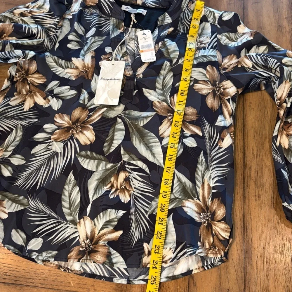 NWT Tommy Bahama Coastal Petals Split Neck Top in Black, Small, Spring Summer